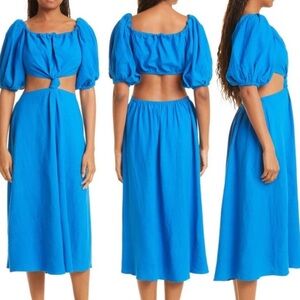 FARM Rio Blue Off-Shoulder Linen Midi Knot Dress Cutout Size L NWT
